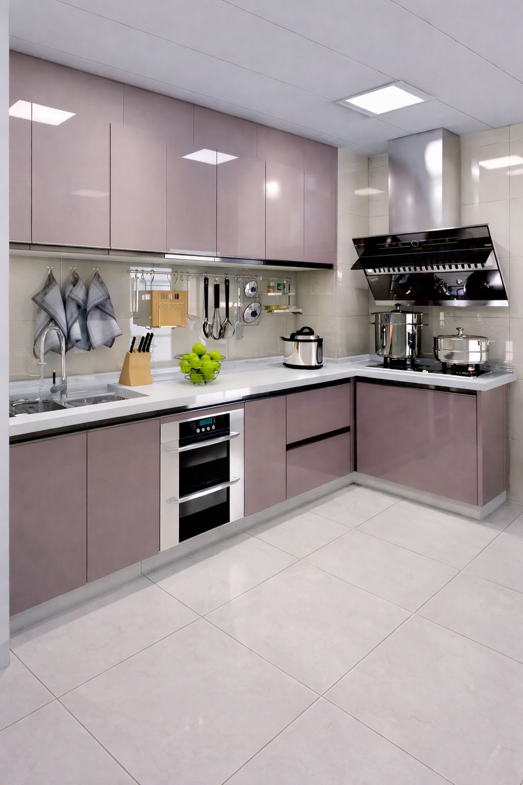High-Gloss Acrylic Modular Kitchen with Calacatta Quartz Countertop & Seamless Edge #56